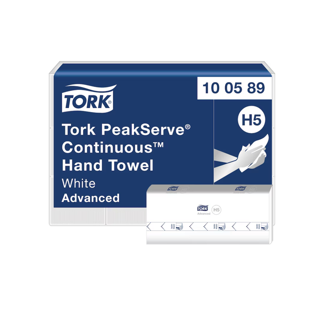 Prosoape pentru mâini din hârtie, Tork PeakServe® Continuous™,  alb, H5, 270 bucăți/pachet, 12 pachete/bax - 100589