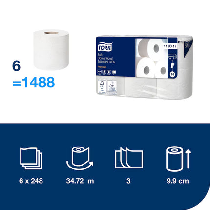 Hârtie igienică convențională premium, Tork, Soft, alb, T4, 3 straturi, 6 role/bax - 110317
