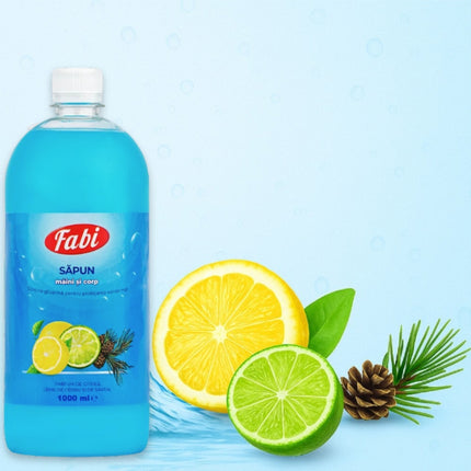 Sapun lichid, Fabi, albastru, 1L, parfum citrice, lemn de cedru si santal