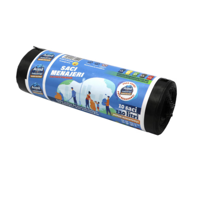 Saci menajeri 120L, negri, 10 bucăți/rolă, 30 microni, RLDPE