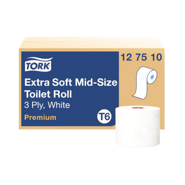 Hârtie igienica Tork de mărime medie, albă, trei straturi, 70m/rolă (27 role/bax), T6 - 127510