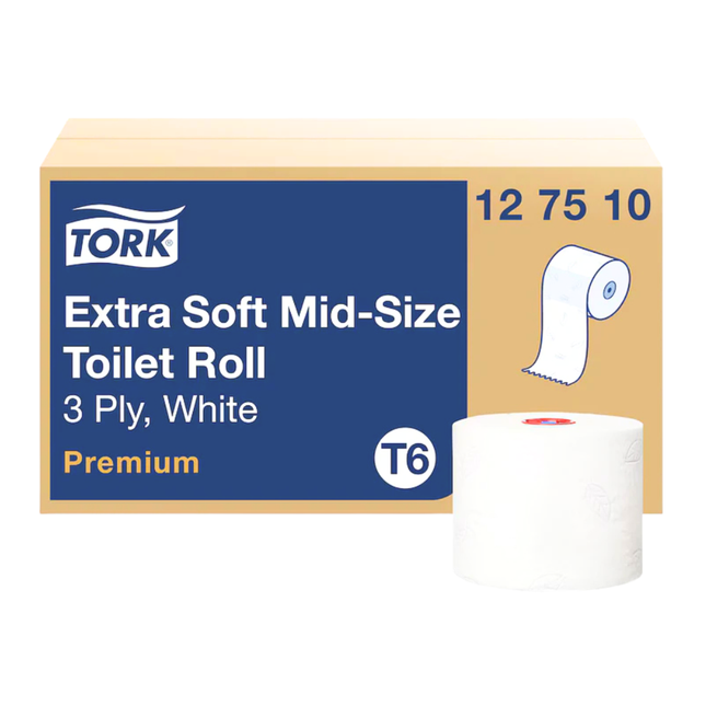 Hârtie igienica Tork de mărime medie, albă, trei straturi, 70m/rolă (27 role/bax), T6 - 127510