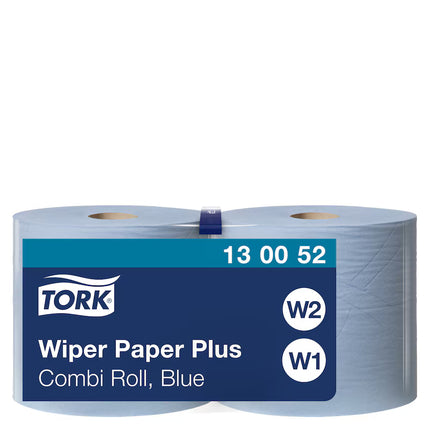 Hârtie de șters industrială, Tork, Combi Plus, albastru, 2 straturi, 2 x 255 m, 2 x 750 porții, W1/W2, 2 role – 130052