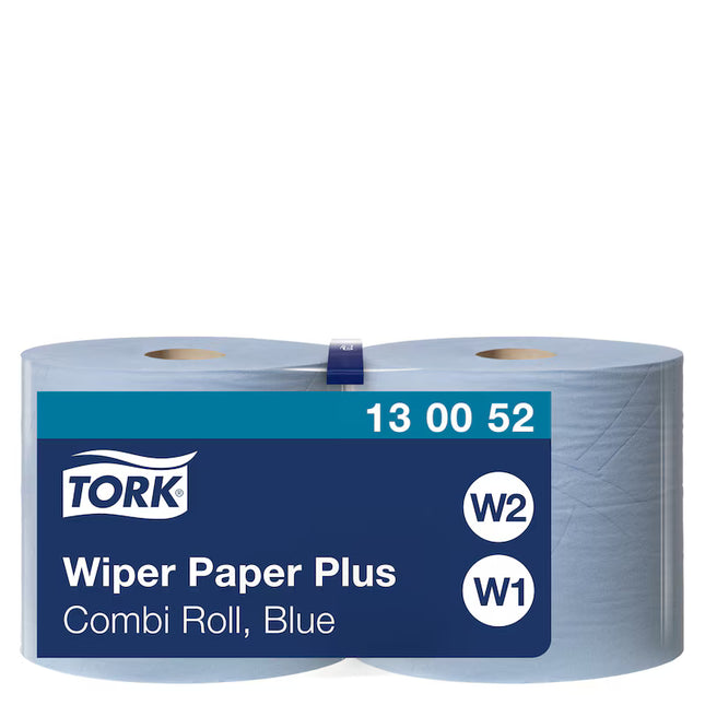 Hârtie de șters industrială, Tork, Combi Plus, albastru, 2 straturi, 2 x 255 m, 2 x 750 porții, W1/W2, 2 role – 130052
