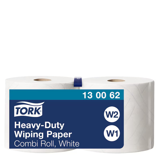 Hârtie de șters industrială, Tork, Heavy-Duty, alb, 2 straturi, 2 x 170 m, 2 x 500 porții, W2, 2 role – 130062