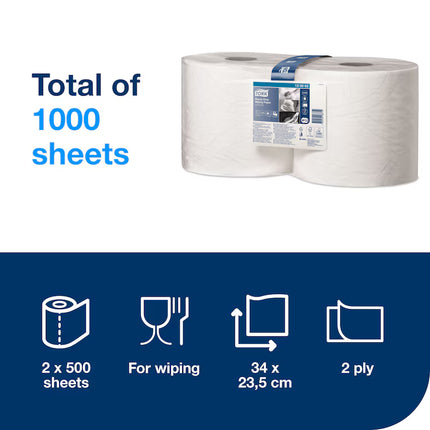 Hârtie de șters industrială, Tork, Heavy-Duty, alb, 2 straturi, 2 x 170 m, 2 x 500 porții, W2, 2 role – 130062