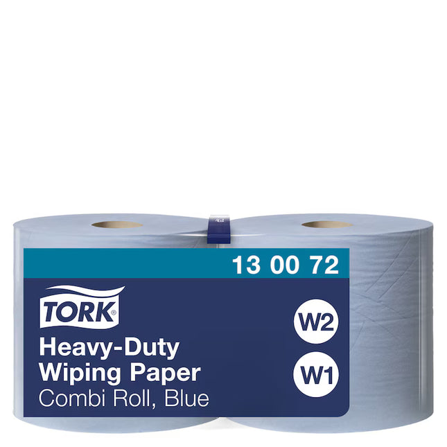 Hârtie de șters industrială, Tork, Heavy-Duty, albastru, 2 straturi, 2 x 170 m, 2 x 500 porții, W1/W2, 2 role – 130072