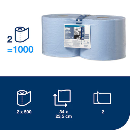 Hârtie de șters industrială, Tork, Heavy-Duty, albastru, 2 straturi, 2 x 170 m, 2 x 500 porții, W1/W2, 2 role – 130072