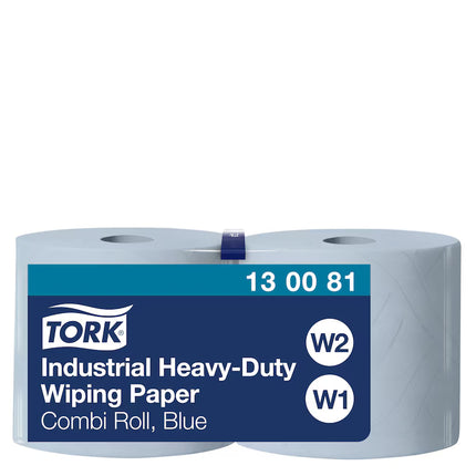 Hârtie de șters industrială, Tork, Heavy-Duty, ultra-rezistentă, albastru, 3 straturi, 2 x 119 m, 2 x 350 porții, W1/W2, 2 role – 130081