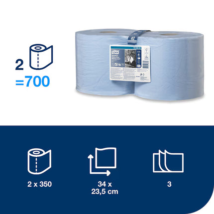 Hârtie de șters industrială, Tork, Heavy-Duty, ultra-rezistentă, albastru, 3 straturi, 2 x 119 m, 2 x 350 porții, W1/W2, 2 role – 130081