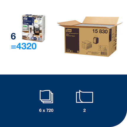 Șervețele de masă, Tork, Xpressnap Fit® Advanced, albe, 2 straturi, 720 porții/set (6 seturi/bax), N14 – 15830