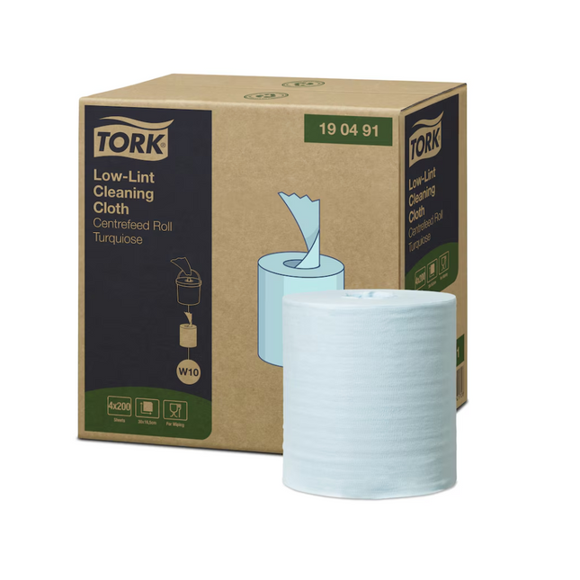 Lavete industriale fără scame Low-Lint, Tork, 60m/rolă, 200 buc/rolă, 4 role/bax, W10, turcoaz - 190491