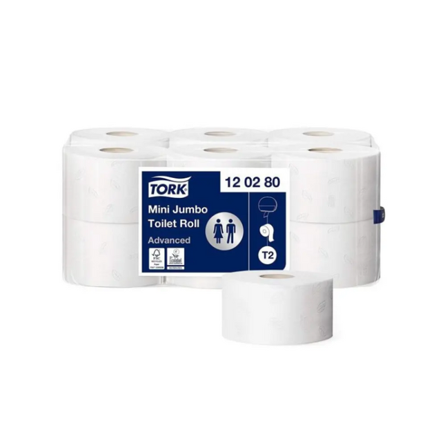 Hârtie igienică Tork Mini Jumbo Advanced, 2 straturi, 170m/rolă, 850 porții (12 role/bax) - 120280
