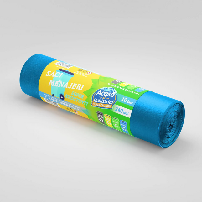 Saci menajeri 240L, albaștri, 10 bucăți/rolă, 24 microni, RLDPE