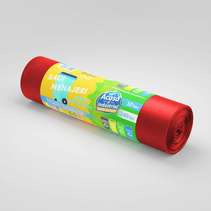Saci menajeri 240L, roșii, 10 bucăți/rolă, 24 microni, RLDPE