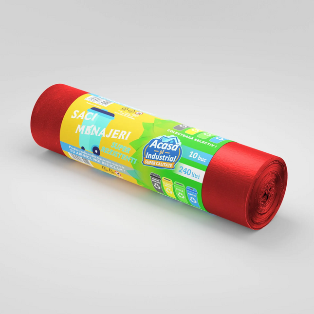 Saci menajeri 240L, roșii, 10 bucăți/rolă, 24 microni, RLDPE