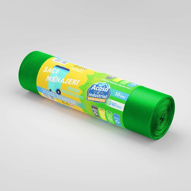 Saci menajeri 240L, verzi, 10 bucăți/rolă, 24 microni, RLDPE