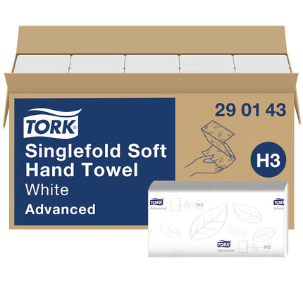 Prosoape pentru mâini, Tork, Singlefold Advanced, pliate în V, albe, 2 straturi,  250 porții/pachet (15 pachete/bax), H3 – 290143