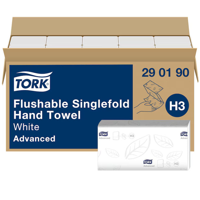 Prosoape pentru mâini, Tork, Flushable Singlefold Advanced, dizolvabile, pliate în V, albe, 2 straturi, 250 porții/pachet (15 pachete/bax), H3 – 290190