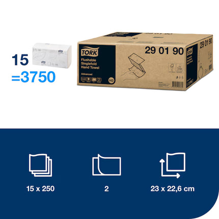 Prosoape pentru mâini, Tork, Flushable Singlefold Advanced, dizolvabile, pliate în V, albe, 2 straturi, 250 porții/pachet (15 pachete/bax), H3 – 290190