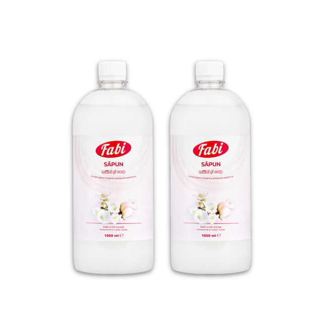 Săpun lichid, Fabi, alb, 2 x 1L, parfum iasomie, trandafir și ylang ylang