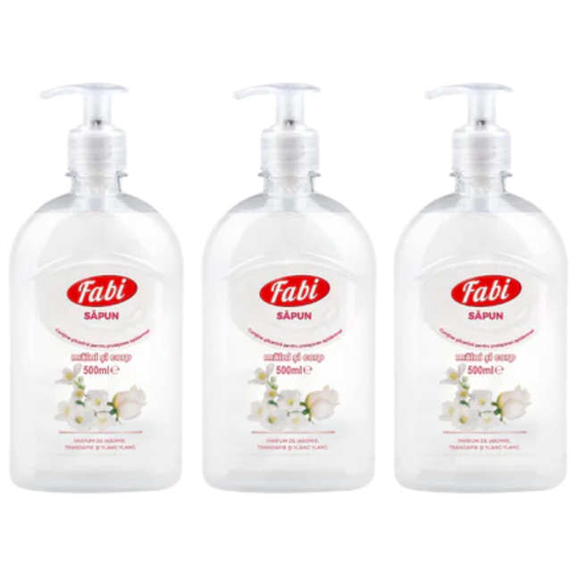 Set economic 3 x 500 ml săpun lichid parfumat cu ylang-ylang, ideal pentru rezerve și igiena zilnică a mâinilor, cu aromă florală intensă.