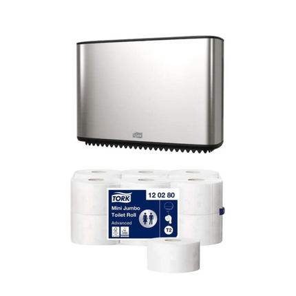 Pachet dispenser hârtie igienică + hârtie igienică Tork Mini Jumbo, T2, 12 role/bax - 460006/120280