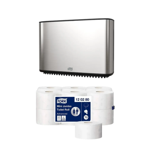 Pachet dispenser hârtie igienică + hârtie igienică Tork Mini Jumbo, T2, 12 role/bax - 460006/120280