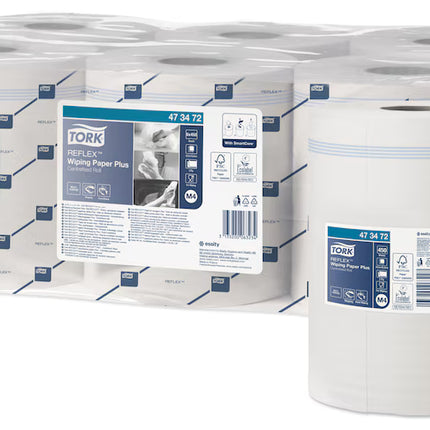 Prosoape Midi cu derulare centrală, Tork, Reflex Advanced, alb, 2 straturi, 150.8 m/rolă, 450 porții (6 role/bax), M4 – 473472