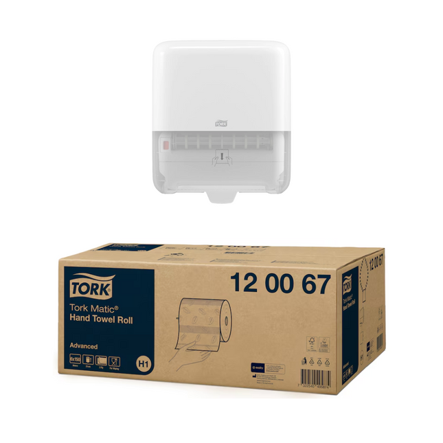 Pachet Dispenser prosoape pentru mâini Tork Matic®, Alb, Sistem H1, 551000 + Prosoape pentru mâini, Tork, Matic® Advanced, rolă, H1, alb, 2 straturi, 150m/rola (6 role/bax), 120067