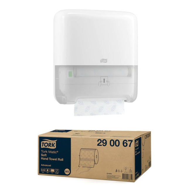 Pachet Dispenser prosoape pentru mâini Tork Matic®, Alb, Sistem H1, 551000 + Prosoape pentru maini, Tork, Matic® Soft Advanced, rolă, H1, alb, 2 straturi, 150m/rola (6 role/bax), 290067