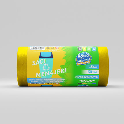 Saci menajeri 60L, galbeni, 15buc/rola, 19 microni, RLDPE