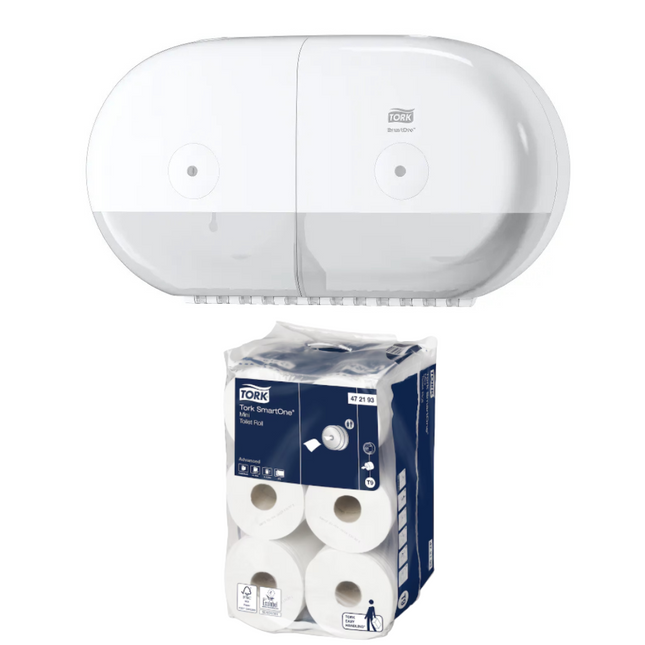 Pachet Tork Dispenser hârtie igienică SmartOne® Twin Mini, alb + hârtie igienică SmartOne® Mini (12 ROLE/BAX) - 682000/472193