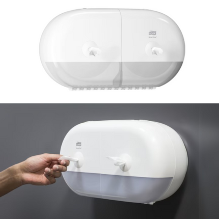 Pachet Tork Dispenser hârtie igienică SmartOne® Twin Mini, alb + hârtie igienică SmartOne® Mini (12 ROLE/BAX) - 682000/472193