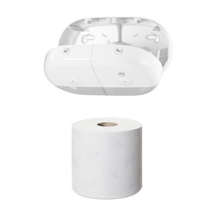 Pachet Tork Dispenser hârtie igienică SmartOne® Twin Mini, alb + hârtie igienică SmartOne® Mini (12 ROLE/BAX) - 682000/472193