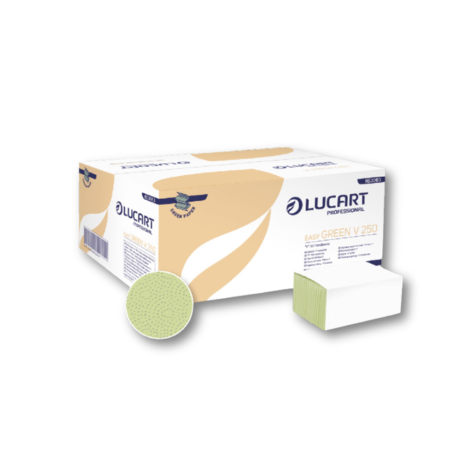Șervețele pliate, Lucart, Easy Green V250, verzi, 1 strat, hârtie reciclată, 250 porții/pachet, 20 pachete/bax – 863063