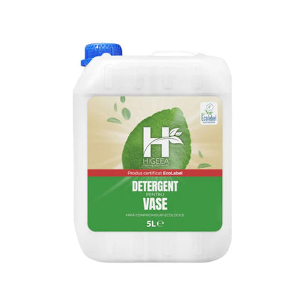 Detergent de vase ecologic (ECO) Higeea, ambalaj economic de 5 litri, cu putere mare de degresare, blând cu mâinile și mediul.