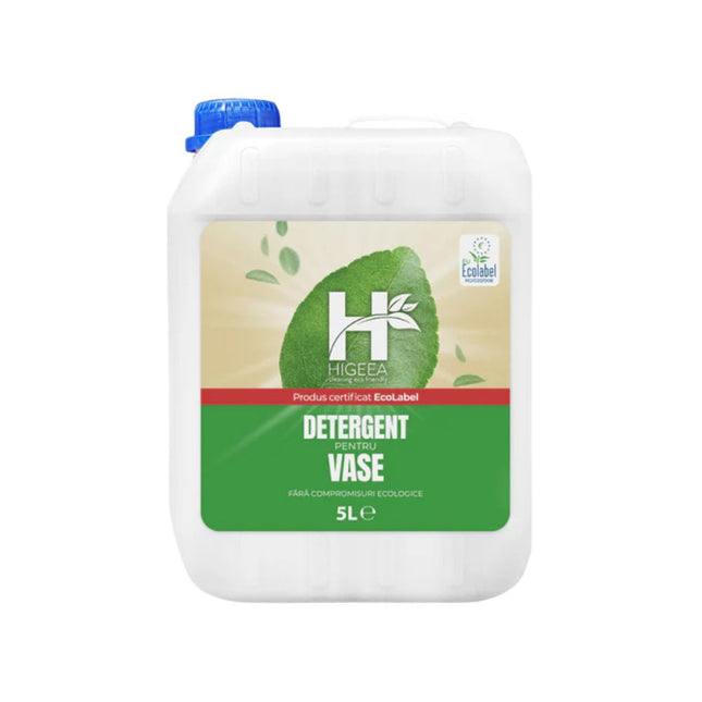 Detergent de vase ecologic (ECO) Higeea, ambalaj economic de 5 litri, cu putere mare de degresare, blând cu mâinile și mediul.