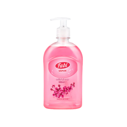 Săpun lichid Fabi cu parfum de liliac, flacon de 500 ml, curăță delicat și lasă mâinile plăcut parfumate.