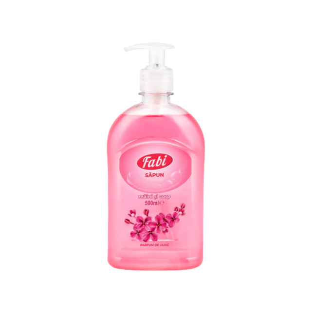 Săpun lichid Fabi cu parfum de liliac, flacon de 500 ml, curăță delicat și lasă mâinile plăcut parfumate.