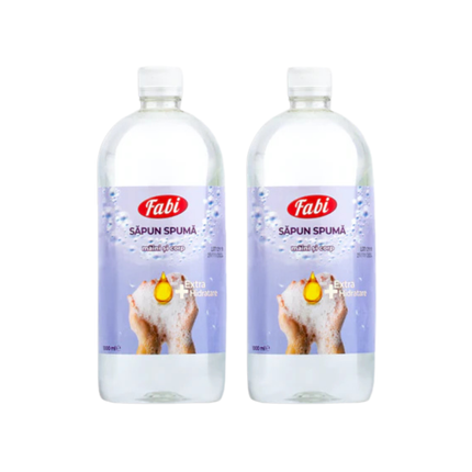 Set 2 x 1 litru săpun spumă hidratant Fabi, formulă cremoasă care asigură igiena eficientă și protecția pielii împotriva uscării.