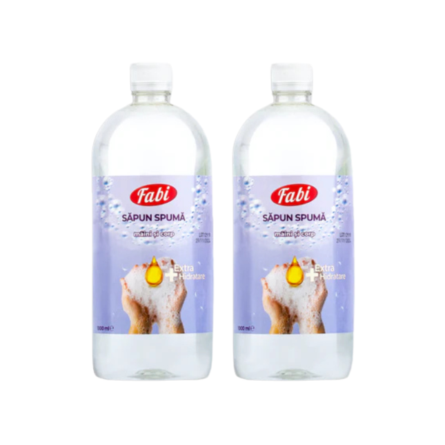 Set 2 x 1 litru săpun spumă hidratant Fabi, formulă cremoasă care asigură igiena eficientă și protecția pielii împotriva uscării.