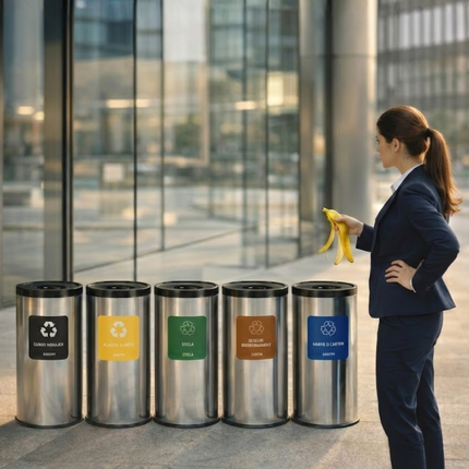 Coș de gunoi pentru colectare selectivă, Alda, EKO Round Prestige, 45 L, inox, capac negru – 657D