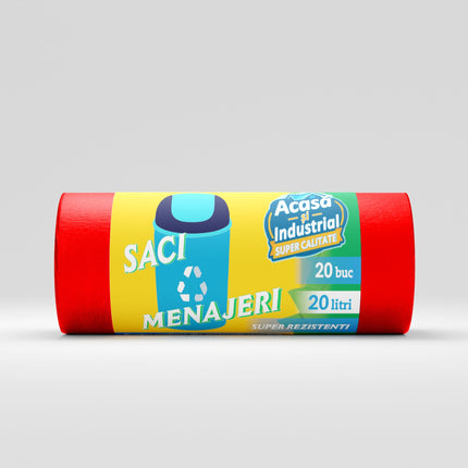 Saci menajeri 60L, rosii, 15buc/rola, 19 microni, RLDPE