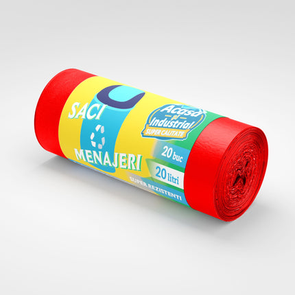 Saci menajeri 60L, rosii, 15buc/rola, 19 microni, RLDPE
