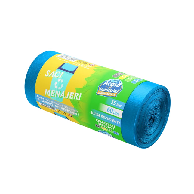 Saci menajeri 60L, albastri, 15buc/rola, 19 microni, RLDPE