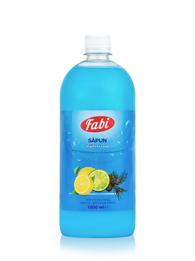 Sapun lichid, Fabi, albastru, 1L, parfum citrice, lemn de cedru si santal