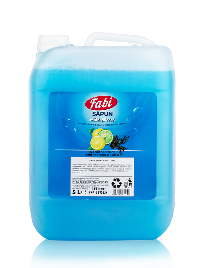 Sapun lichid, Fabi, albastru, 5L, parfum citrice, lemn de cedru si santal