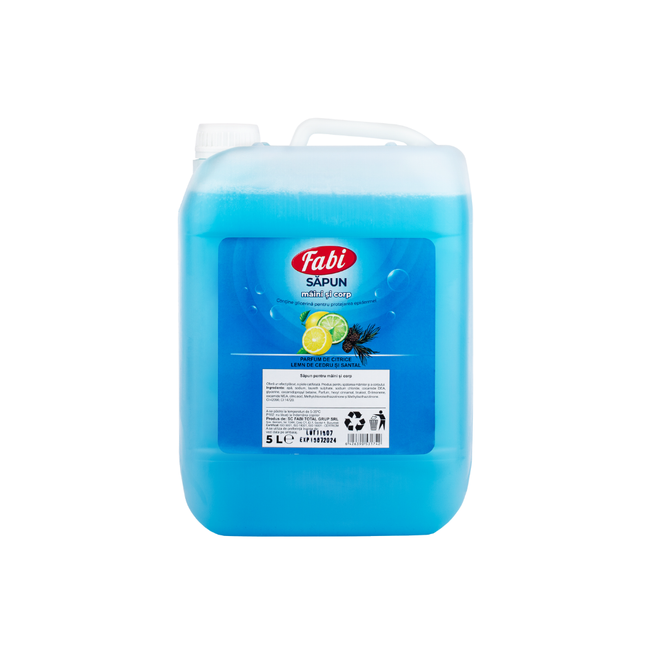 Sapun lichid, Fabi, albastru, 5L, parfum citrice, lemn de cedru si santal