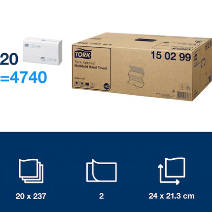 Prosoape pentru mâini, Tork Xpress® , Economice, Multifold, Alb, H2, 237 PORTII/PACHET (20 PAC/BAX) - 150299